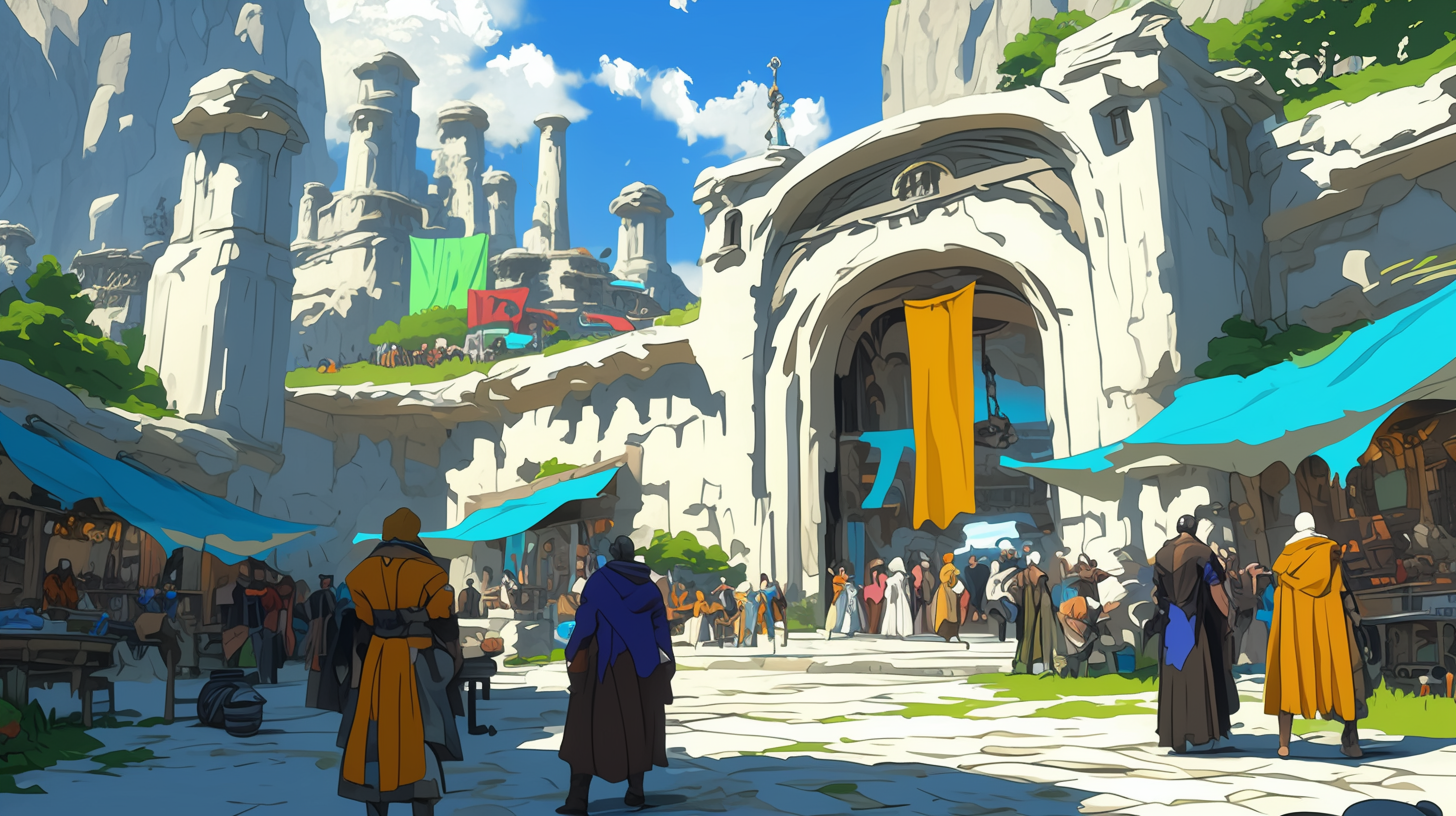 Vibrant fantasy town market scene